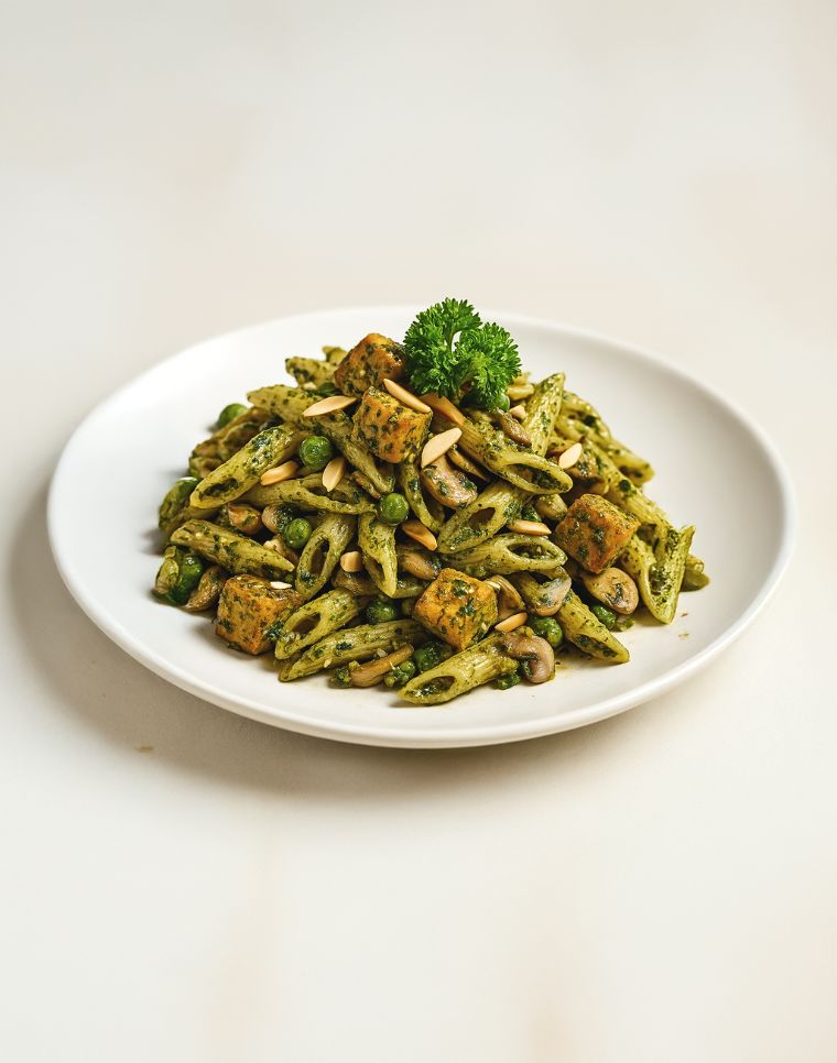 Greyhound Café เพนเน่เห็ดและเต้าหู้ผัดซอสเพสโต้